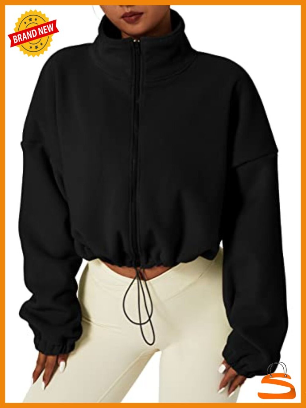 QINSEN Fleece Jacket Full Zip Stand Collar Cropped Winter Coat